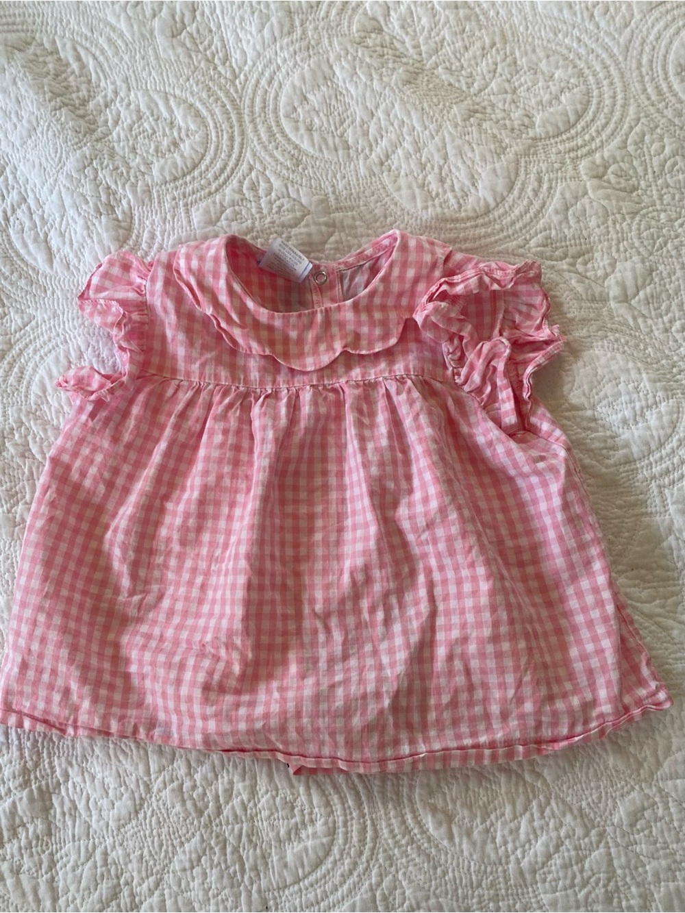 bella bliss Pink Gingham Ruffle top with puff sleeves and navy bow detailing